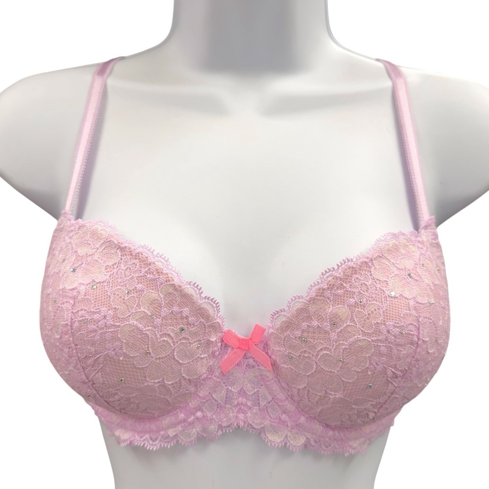 Victoria's Secret Women's Sz 32D Dream Angels Demi Pink Bra Lace Bow Rhinestones